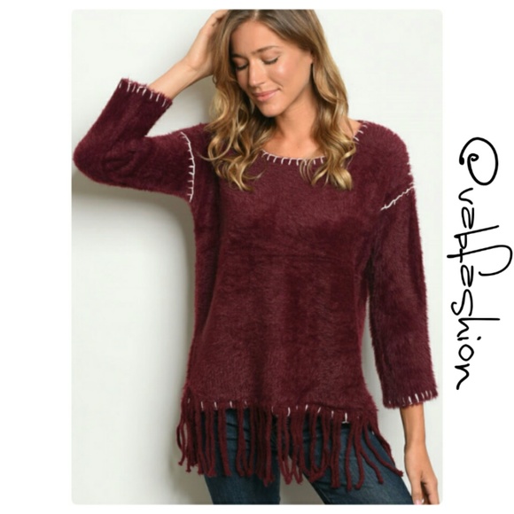 Vabfashion Sweaters - FUZZY WINE FRINGE SWEATER!